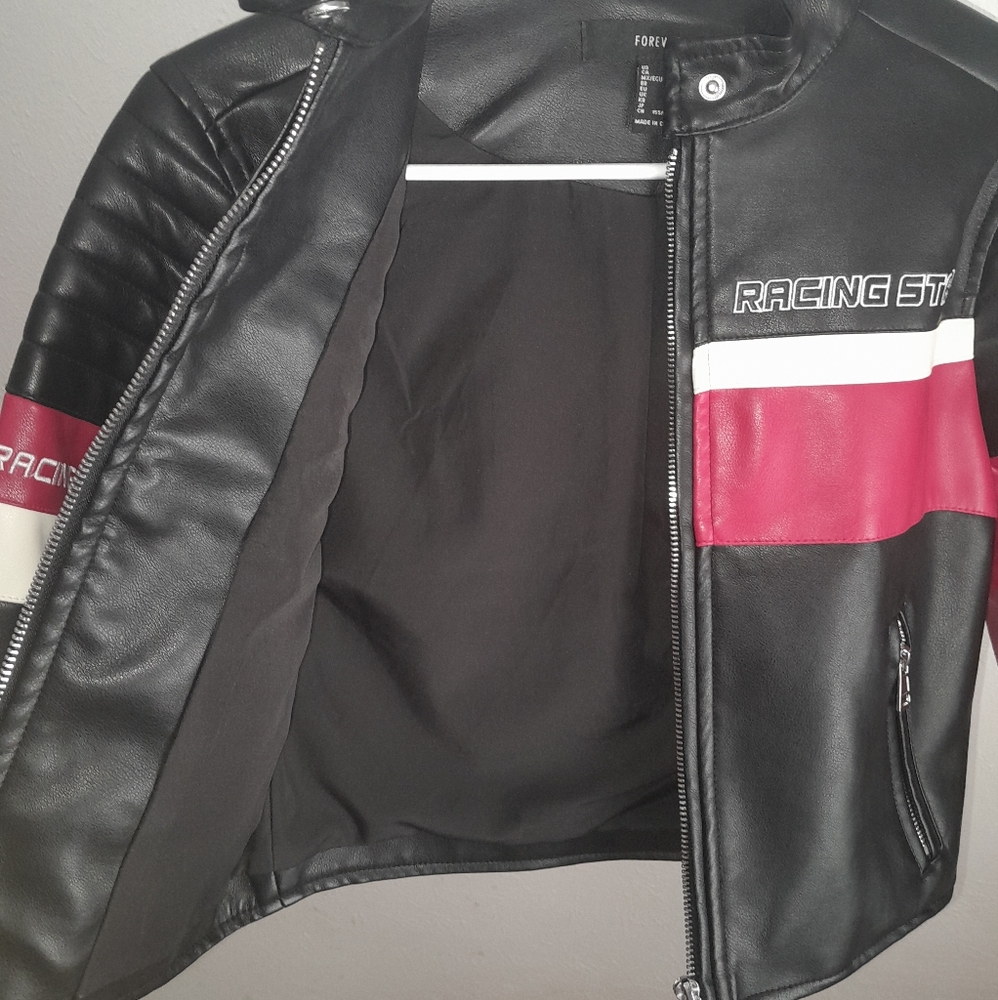 Black Leather Moto Jacket with Burgundy and White Stripes - Picture 4 of 5